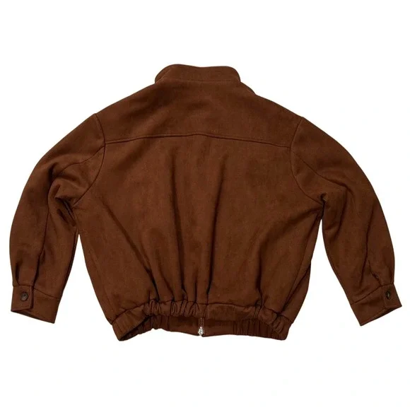 La Chapelle Brown Suede Bomber Jacket Full Zip‎ Collar Ribbed Waist Women - S/M - Picture 2 of 7